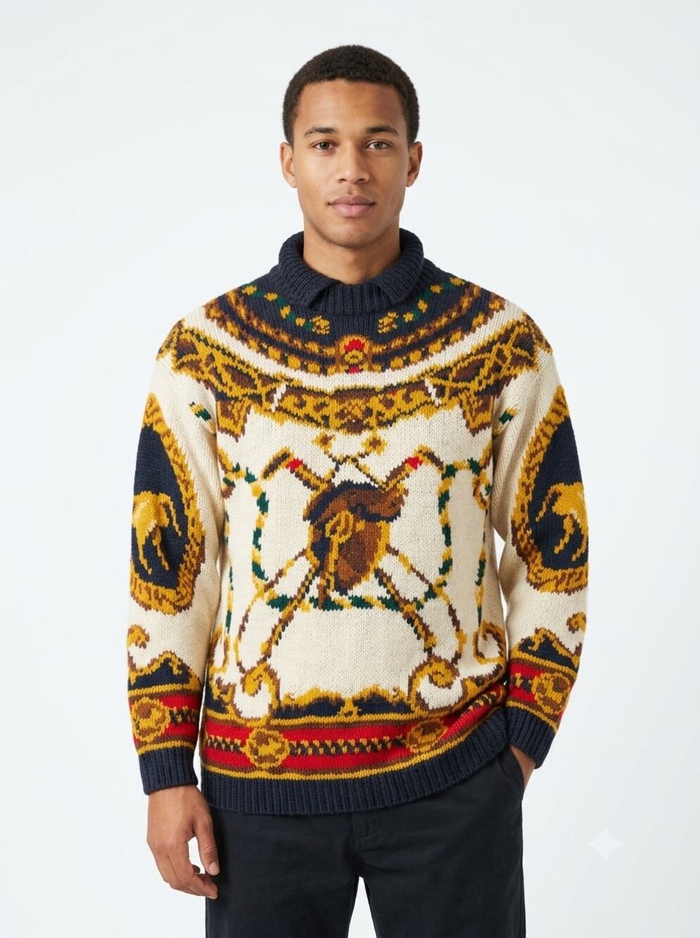 Vintage The Eagle's Eye Pullover Sweater Mens L Multicolor Knit Equestrian Horse